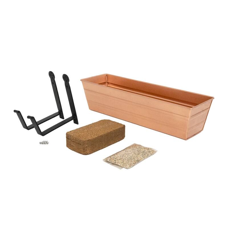 Achla Designs 22" W Galvanized Steel/Wrought Iron Bloom Box Garden Growing Kit With Wall Brackets - Brown