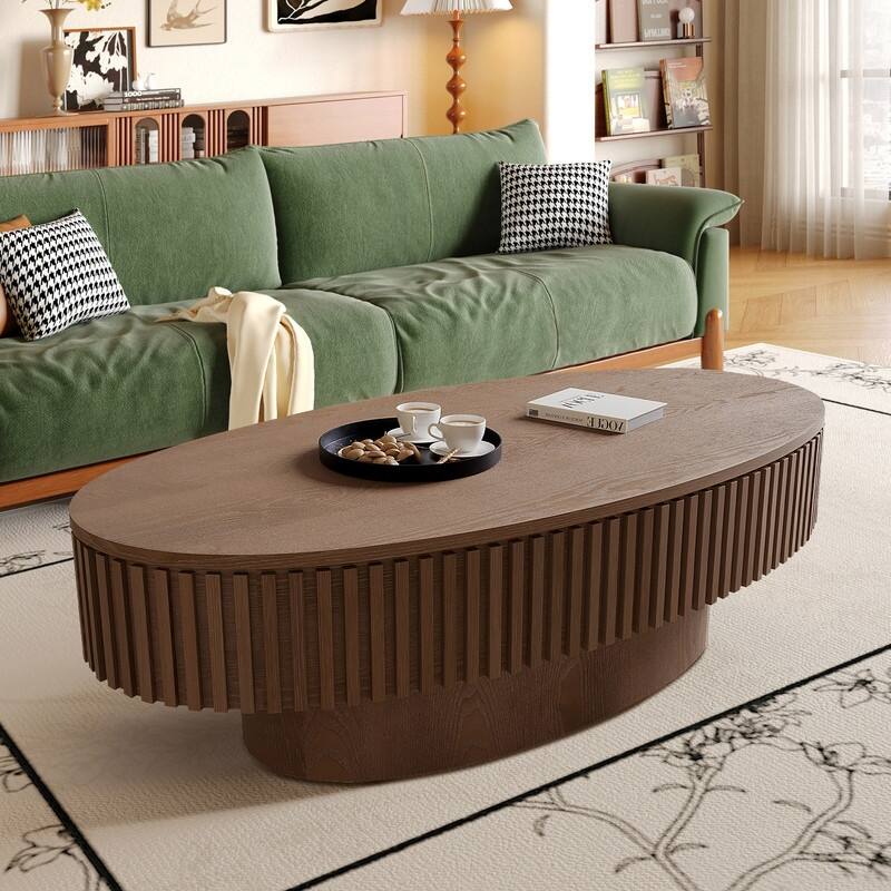Modern 47" Oval Coffee Table with Storage Solid Wood Veneer for Living Room and Bedroom Decor