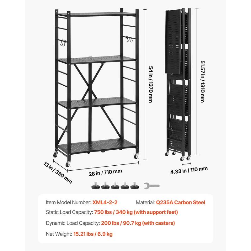 Black Carbon Steel 4 Tier Folding Garage Storage Shelf with Wheels - 13 x 28 x 54 in