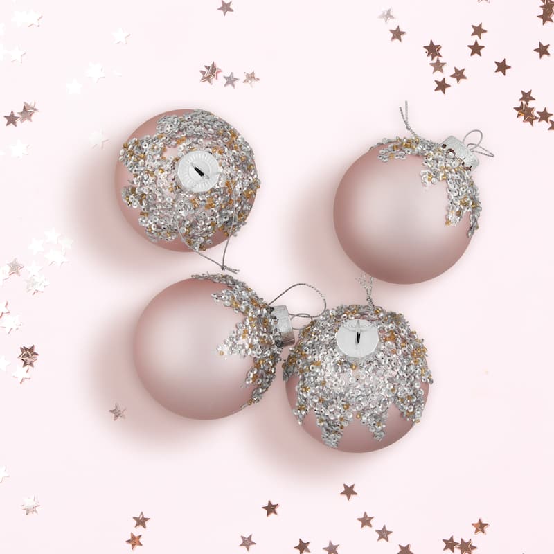 4ct Pink Beaded Sequined Glass Ball Christmas Ornament Set 2.75"