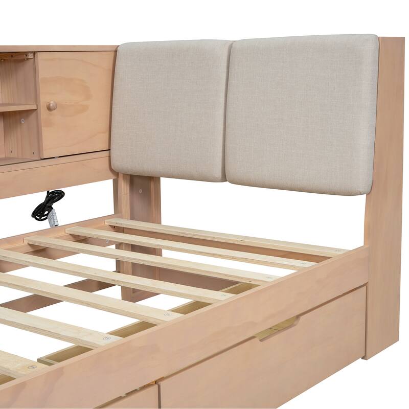 L-Shaped Daybed with Bookcase & USB Charging Port, Wood Floor Corner Bed Frame with Storage Drawers & Upholstered Headboard