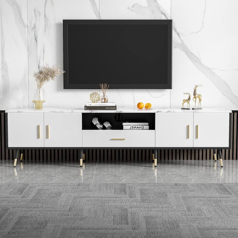 Modern TV Stand with 2 Cabinets& Open Compartments, Television Console for Living Room, Bedroom