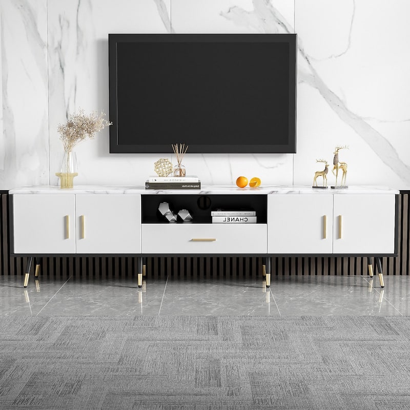 White+Black 70.8" TV Stand with 2 Cabinets and Open Compartments for TVs Up to 80"
