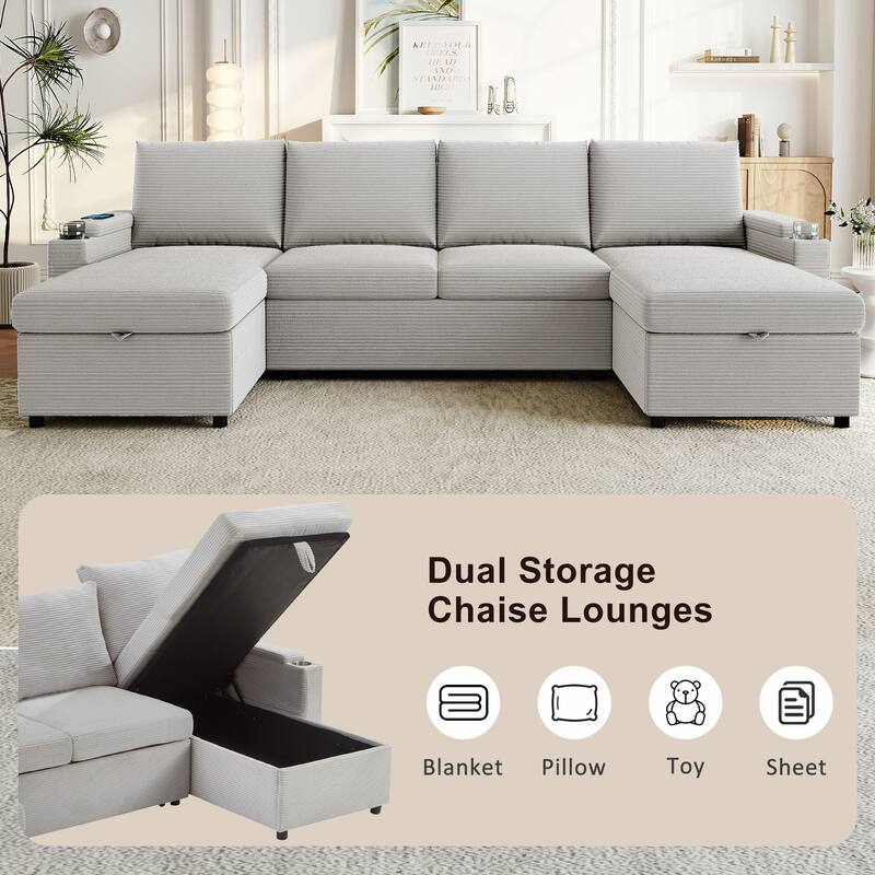 U-Shaped Sectional Sofa Convertible Sleeper Sofa with Dual Storage Chaise Lounges, Cup Holders, USB, Storage Boxes and Pockets