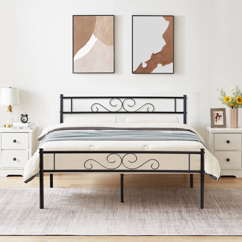 Javlergo Modern Metal Platform Bed Frame with Headboard and Footboard - Black - Queen