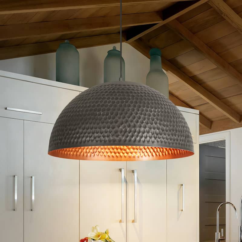 19.7" 1-Light Modern Industrial Black/Green Hand-Hammered Iron Dome Pendant Light for Dining Room - 1 Light - Black