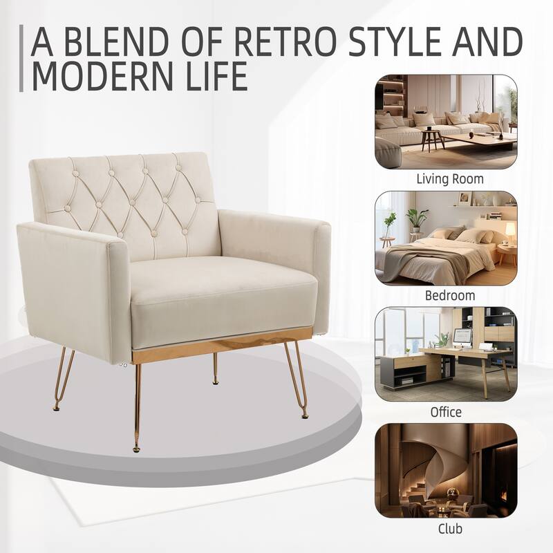 Velvet Upholstered Armchair Single Sofa Modern Tufted Reading Chairs Gold Metal Leg Wingback Chairs for Living Room Bedroom