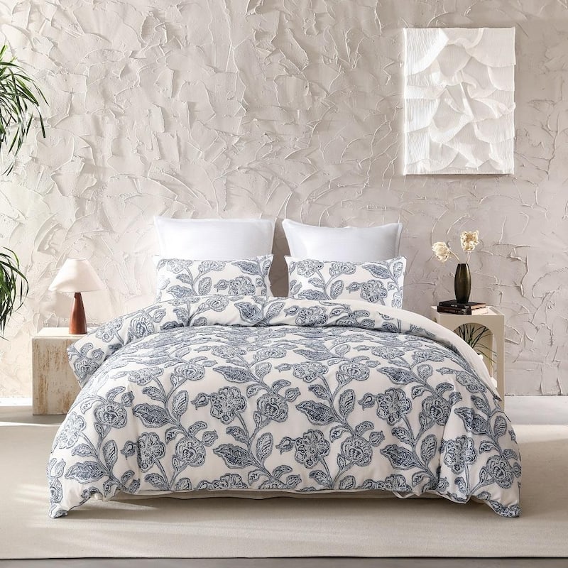 Cotton Clipped Jacquard Jacobean Floral Duvet Cover 3Pcs Set - Blue - King