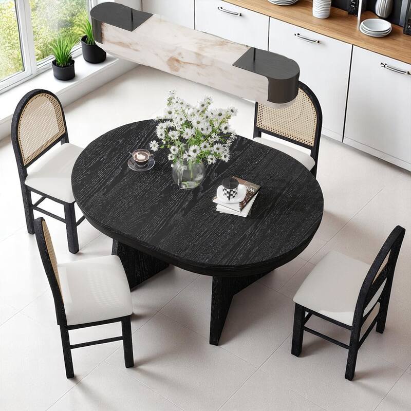 5-Piece Retro Extendable Dining Table Set for 4 with Upholstered Chairs and Rattan Backrests, Kitchen Table Set for Dining Room