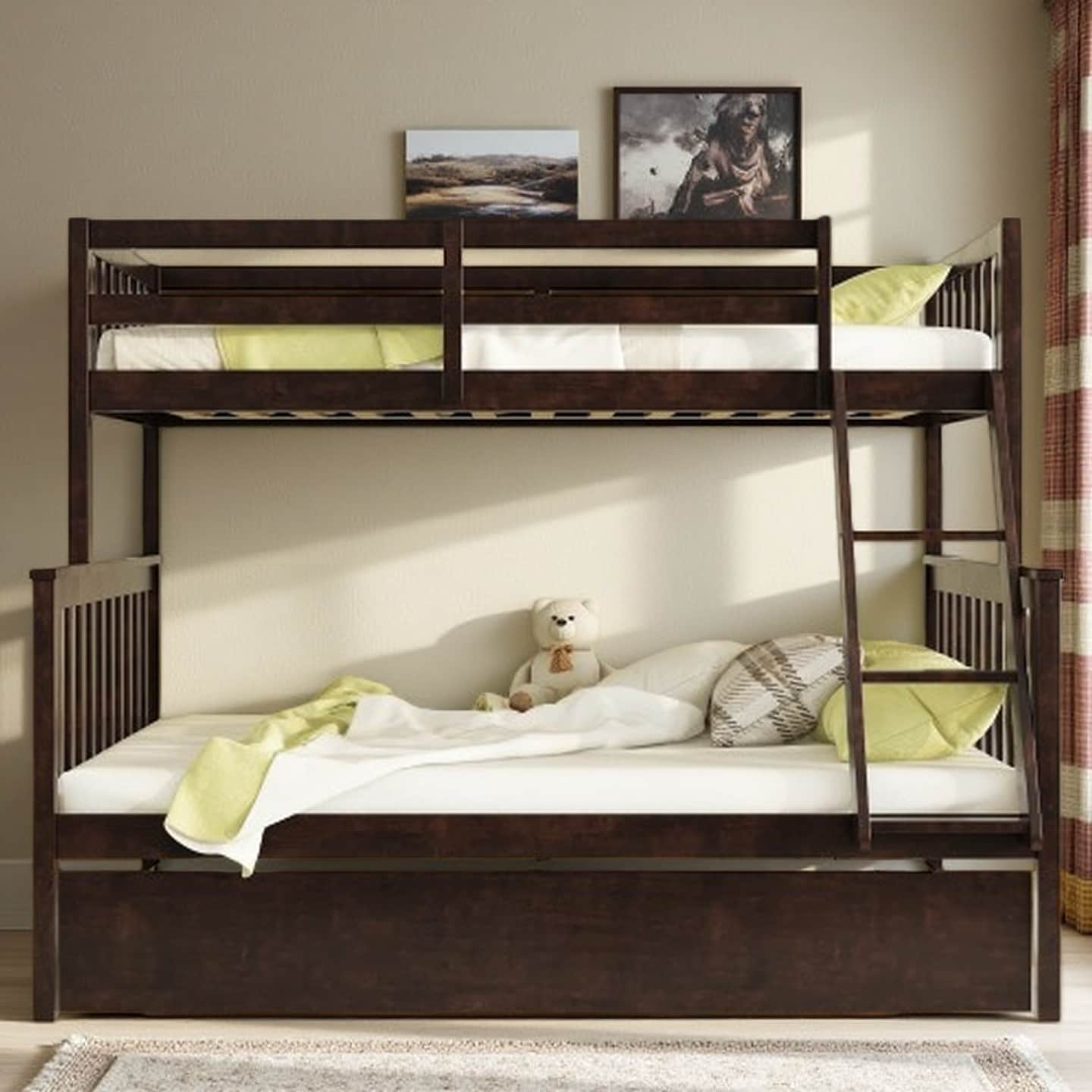 Twin Over Full Rubber Wood Bunk Bed with Trundle, Detachable Ladder and Guardrails
