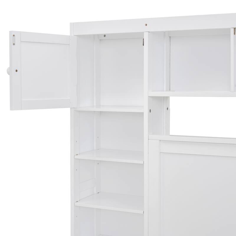 Full Size Wooden Bed with Built-in Cabinet, Shelf, Outlets, and Trundle in White