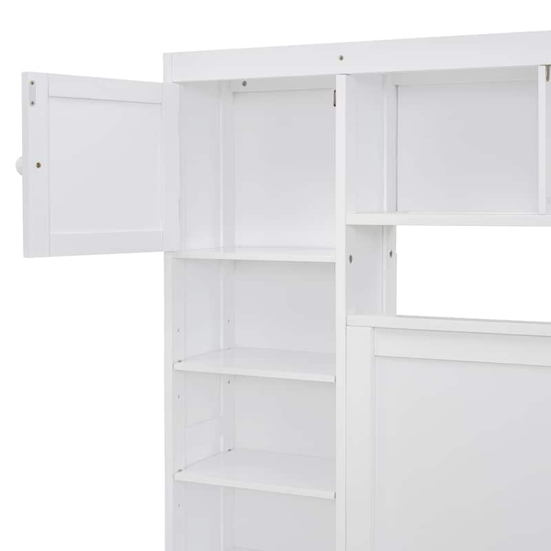 White Full Size Wooden Bed with Cabinet, Shelf & Sockets