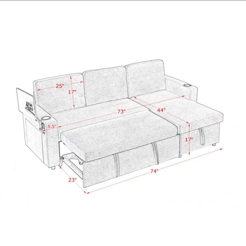Pull Out Sleeper Sofa Bed Chenille L-shaped Sectional Couch with Storage Chaise, Retractable Table, LED, USB and Cup Holders