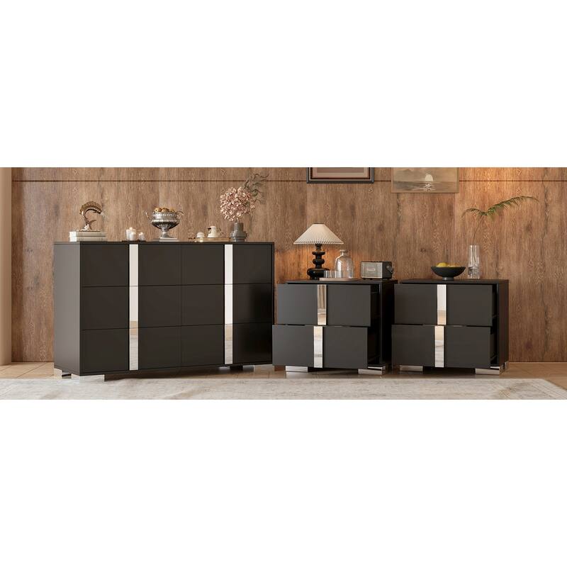 3-Pieces Sets, Elegant 6 Drawers Dresser And Two Nightstands, Storage Cabinet And Bedside Table With Metal Handles