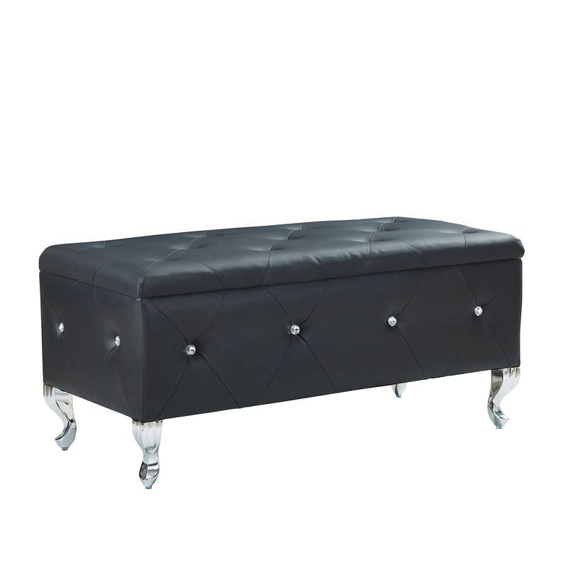 Storage Bench Leisure Stool with Safety Hinged Flap, End of Bed Decorative Bench with Crystal Buttons and Metal Legs - Black