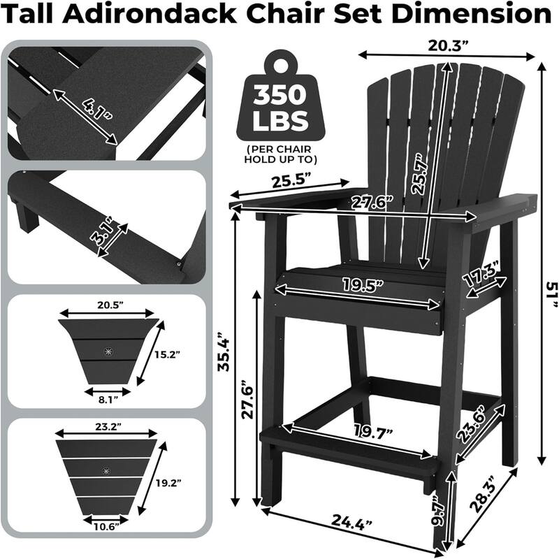 2-Pack Adirondack Bar Stools High-Back Outdoor Patio Chairs with Cup Holder Tray