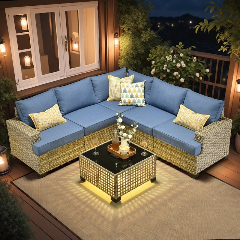 XIZZI 6-Piece Outdoor Wicker Patio Furniture Set with Coffee Table - Denim Blue