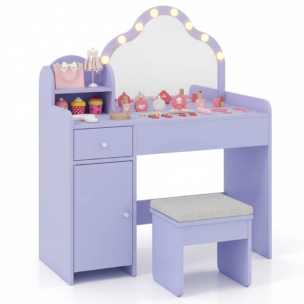 Gymax Kids Vanity Set Princess Pretend Play Makeup Desk w/ Cute