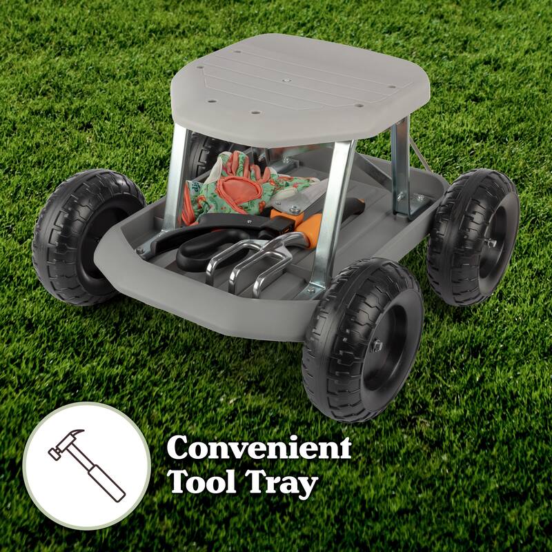 Gardening Stool - Rolling Garden Seat with Wheels and Storage Tool Tray by Pure Garden
