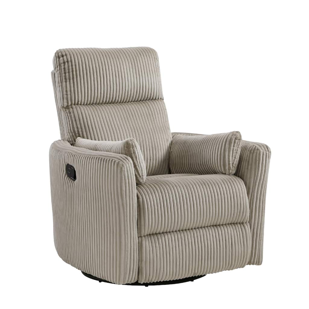 Rix Swivel Glider Recliner Chair, 2 Pillows, Taupe Brown Corduroy