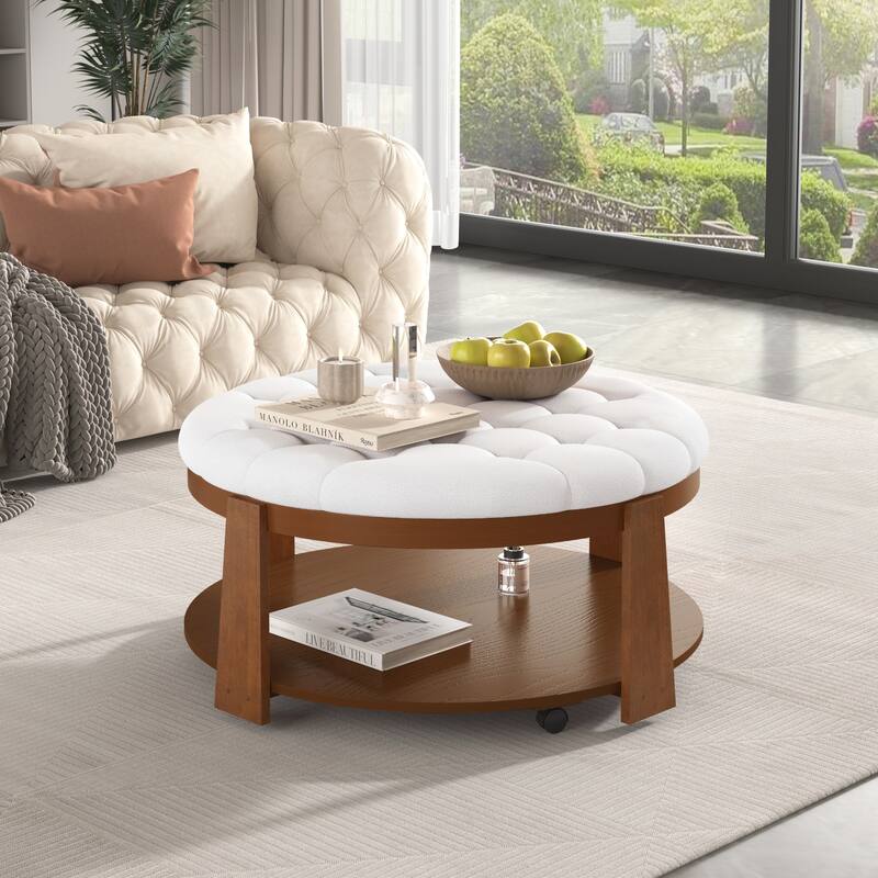 Coffee Table 2-Tier Button Tufted Ottoman with Wood Shelf,Upholstered Coffee Table,Footrest Ottoman with wheel,waterproof Linen
