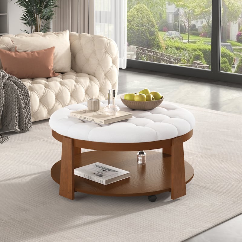 Modern Large Round Ottoman Coffee Table 2-Tier Oversized Button Tufted Ottoman with Wood Shelf Storage Upholstered Coffee Table