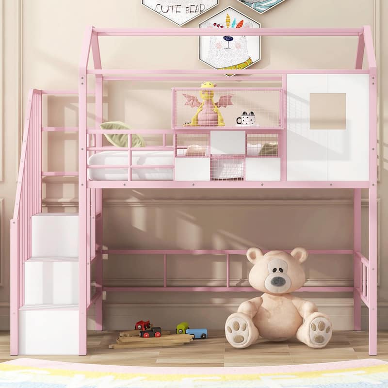 Twin Size Metal Loft Bed with Roof Design and Integrated Storage Box