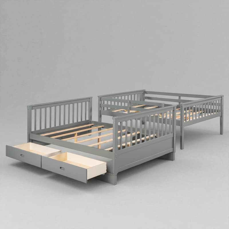 Full Over Full Bunk Bed with Ladder and 2 Storage Drawers, Convertible Wood Frame for Kids or Teens