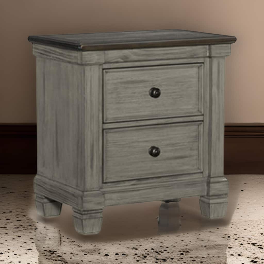Cadie 29 Inch Nightstand, 2 Drawers, Coffee Brown, Antique Gray Wood