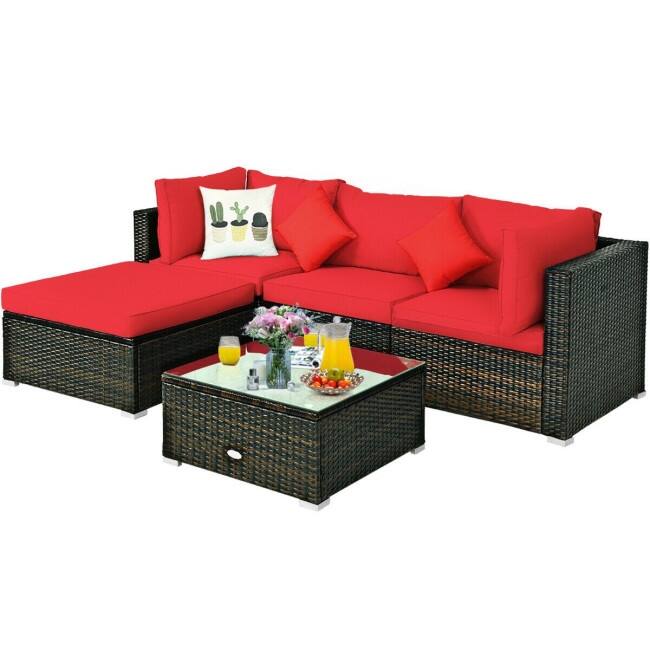 5 Pcs Outdoor Patio Rattan Furniture Set Sectional Conversation with Cushions - 29.5'' x 29.5'' x 25.5'' (L x W xH)