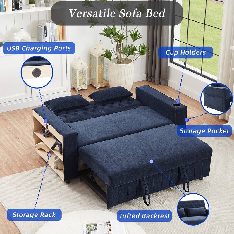 61.41" Chenille Convertible Sofa Bed with Adjustable Backrest, USB & Cup Holders