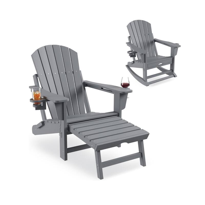 Adirondack Rocking Chair with Ottoman Folding HDPE Outdoor Chair All-Weather - Grey