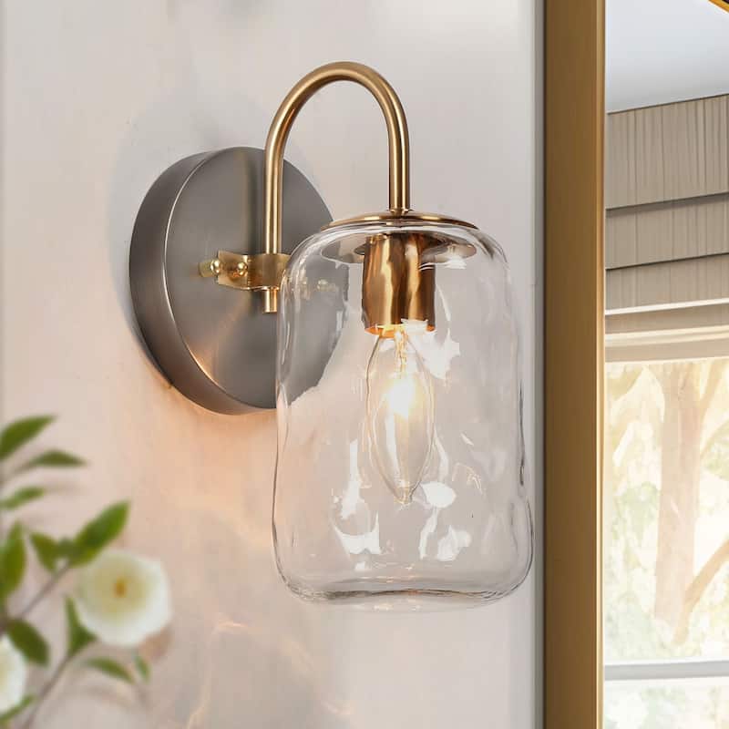 Modern 1-Light Mason Jar Wall Sconce Hand-blown Clear Glass Bathroom Vanity Light - 4.5" x H 9.4" - 4.5" x H 9.4"