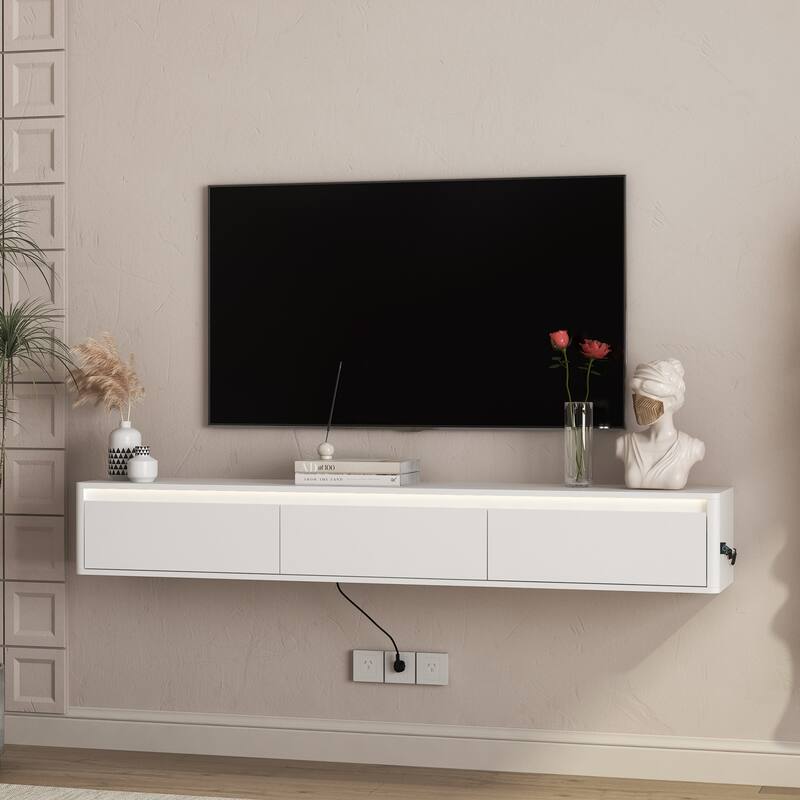 Floating LED TV Stand Wall Mounted TV Console, High Gloss TV Cabinet with LED Light & Power Outlet