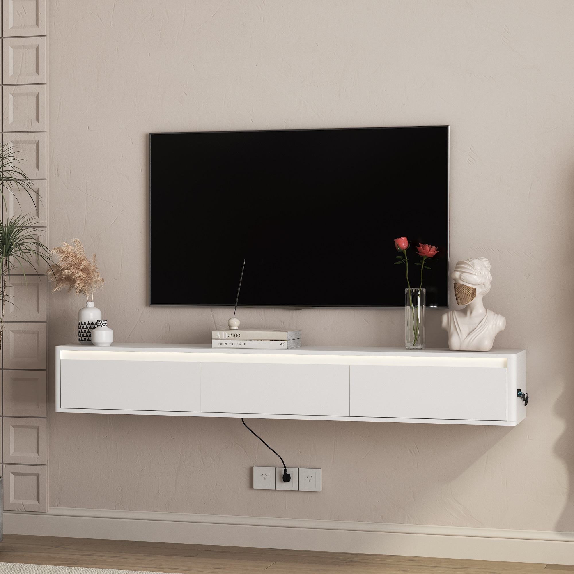 Wall Mounted TV Shelf with Led Lights, White Bedroom Storage Cabinet Side Cabinet Entertainment Center