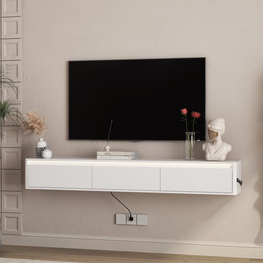 Wall Mounted TV Shelf with Led Lights, White Bedroom Storage Cabinet Side Cabinet Entertainment Center