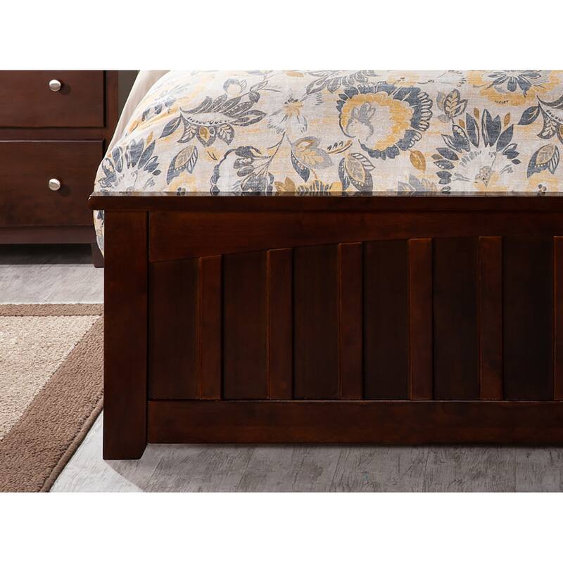 Low Profile Platform Bed with Footboard - Walnut Mission Style Wood Bed Frame & USB Charger