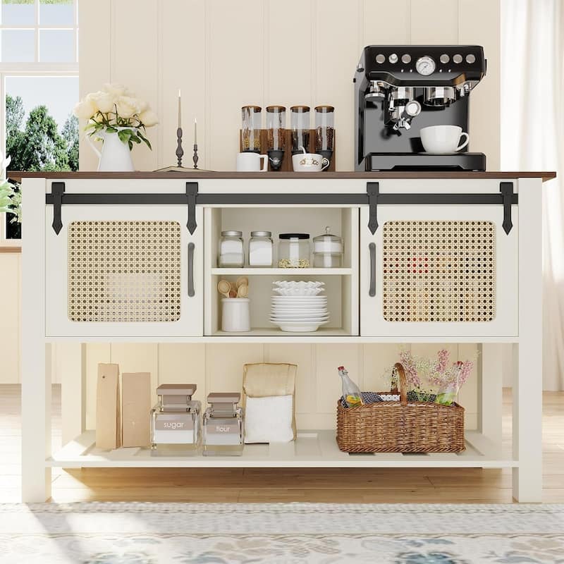 AECOJOY Buffet Cabinet, Coffee Bar Storage Cabinet, 46'' Coffee Bar Table with Rattan Sliding Barn Door, Adjustable Shelves - White