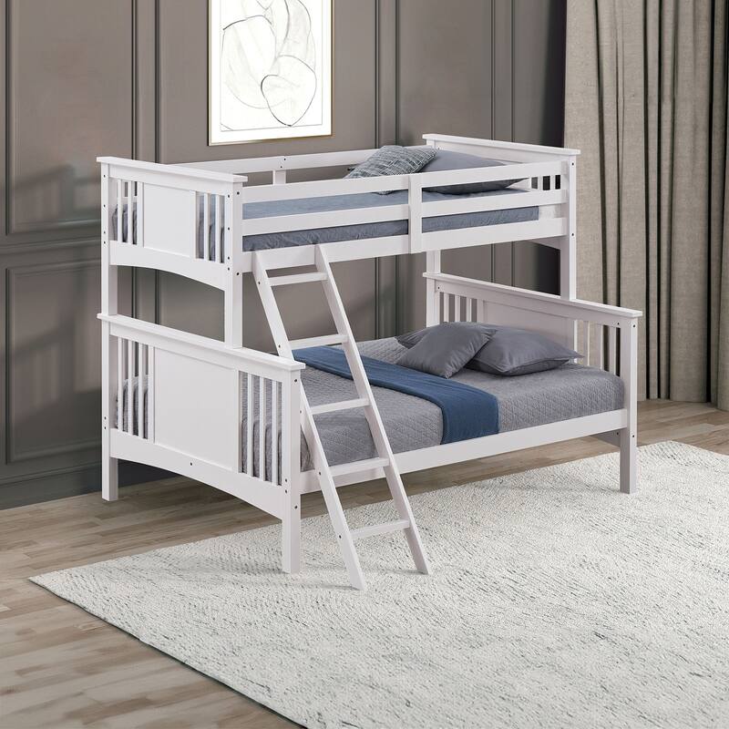 Modern Twin Over Full Bunk Bed with Ladder in White Finish - White
