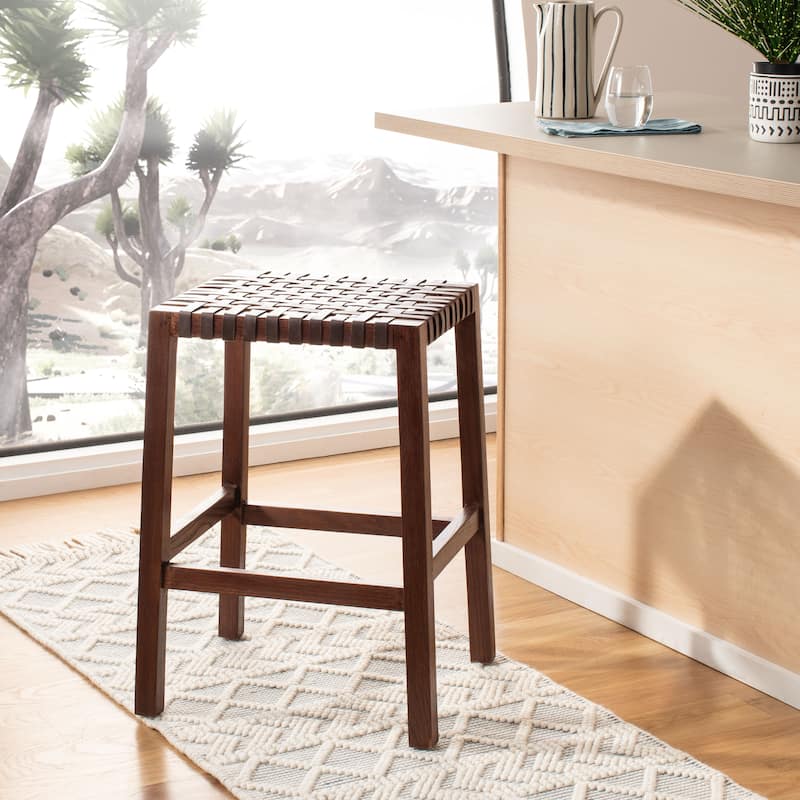 SAFAVIEH Ozgul Woven Lattice Counter Stool - 20" x 17.7" x 27.1" - 20Wx18Dx27H - Brown/Brown Leather