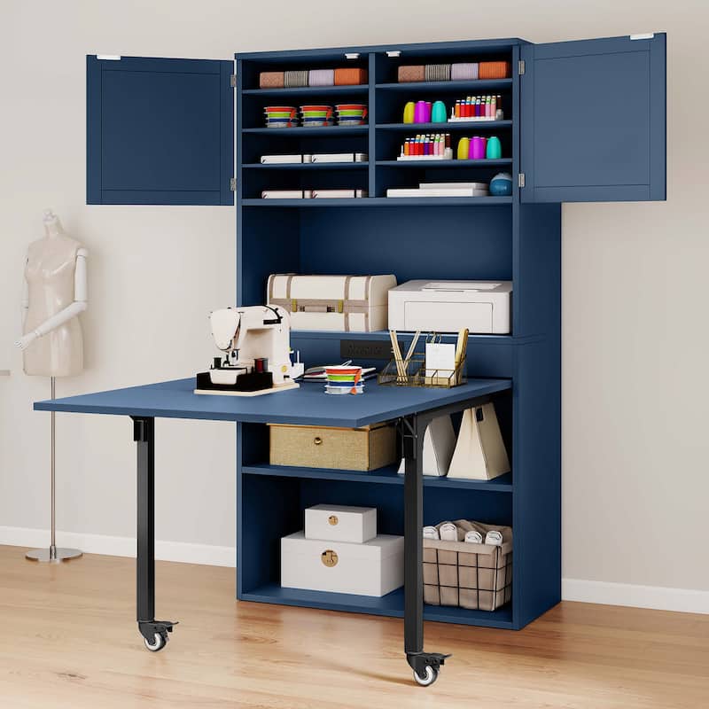 Moasis Expandable Crafting Table with Storage, Artwork Sewing Table with Cabinet and Magnetic Doors & Power Outlets