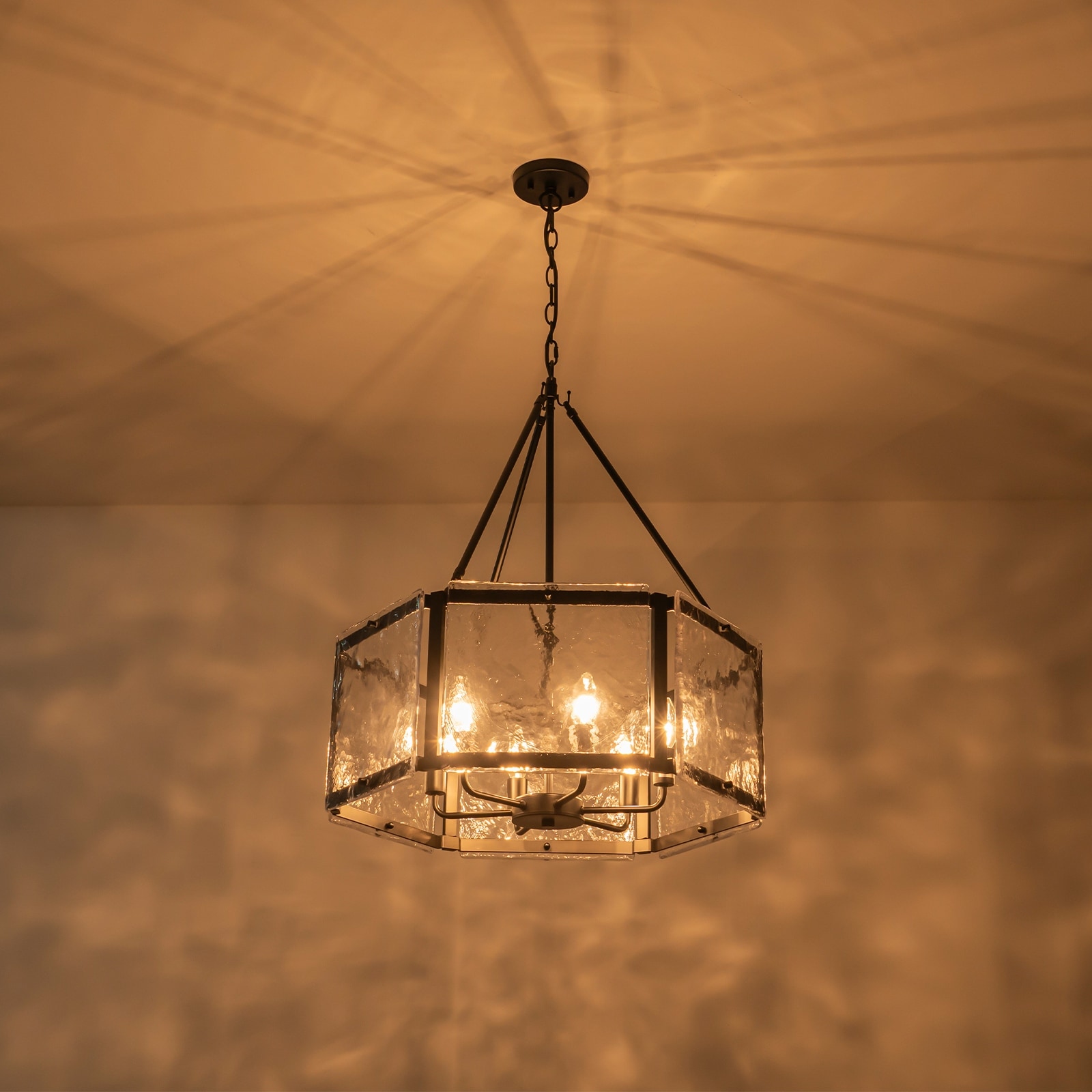 KLJCJF 16" Black Glass Drum Chandelier – 4-Light Ripple Glass, Adjustable Height, Dimmable E12 For Dining Room & Foyer