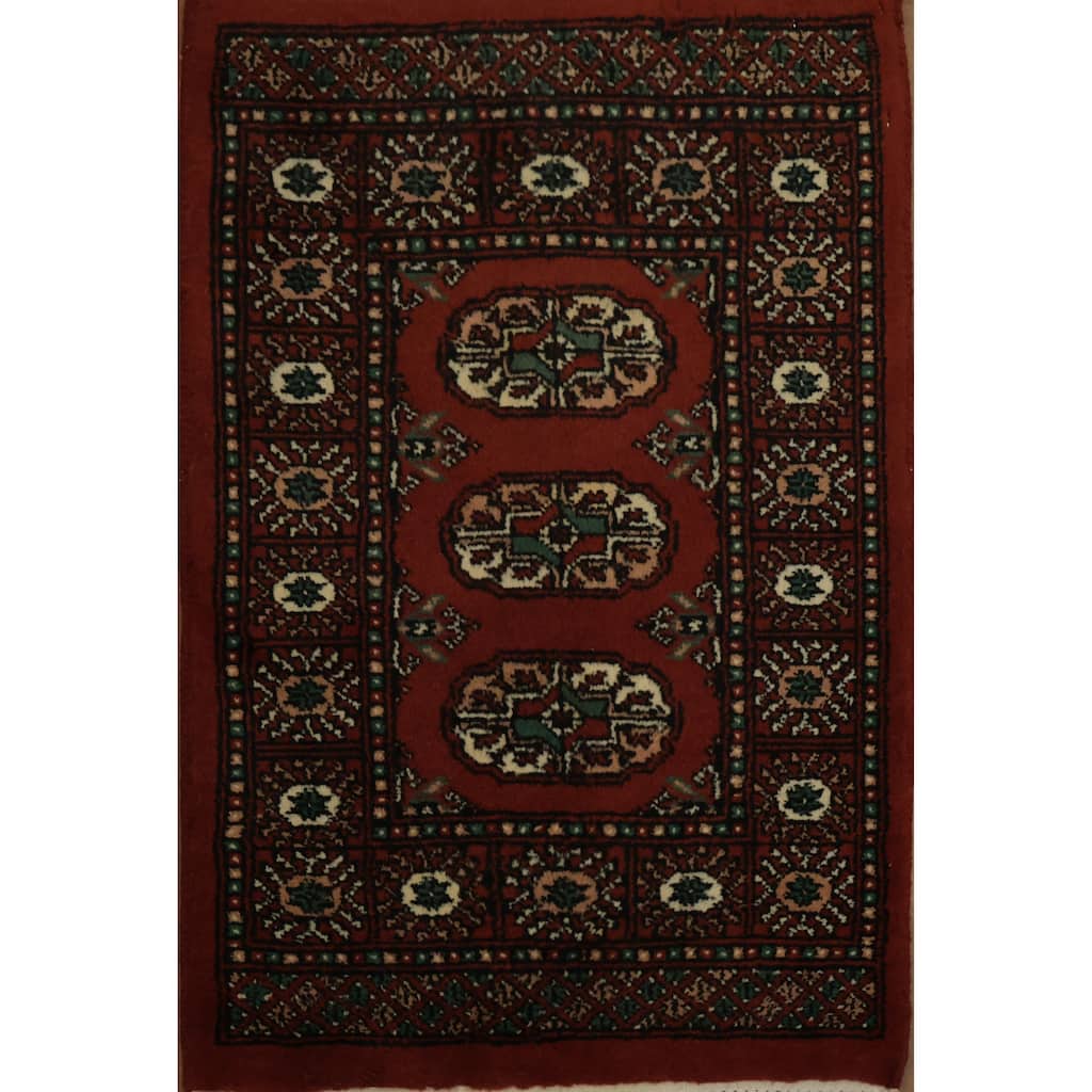 Hand Knotted Oriental 100% Wool Carpet Traditional Geometric Red Balouch Area Rug - 2' 10'' X 1' 11''