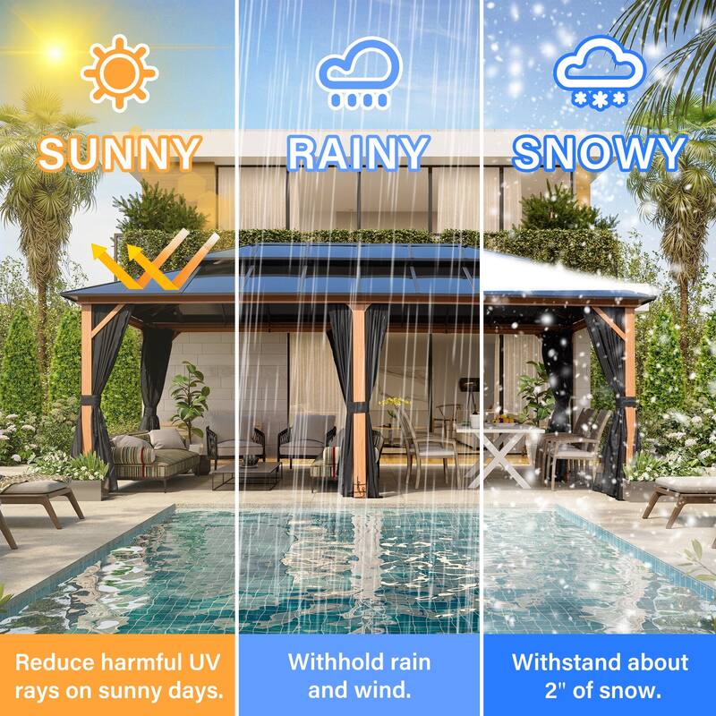 EROMMY Outdoor Wood Gazebo with Double Polycarbonate Roof, Heavy Duty Backyard Patio Pergola Canopy for Garden Shade