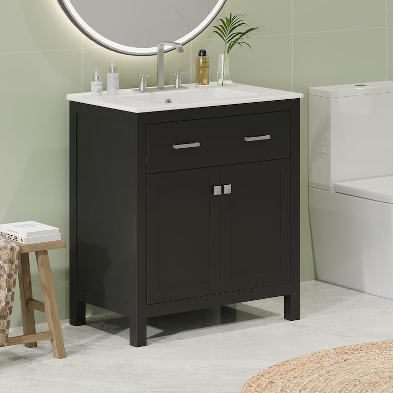 30" Bathroom Vanity with Ceramic Sink, Modern Single Bathroom Cabinet with 2 Doors and a Shelf, Soft Close Doors