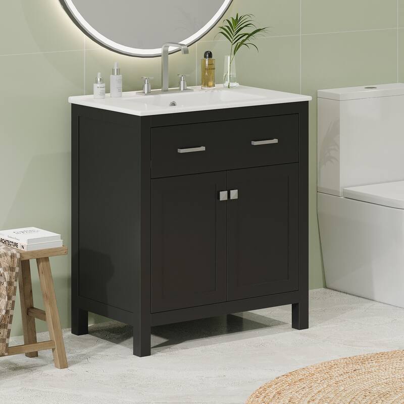 Modern Bathroom Vanity Freestanding Storage Cabinet with Flip-down Drawer, Double Door Organizer and Adjustable U-shaped Shelf