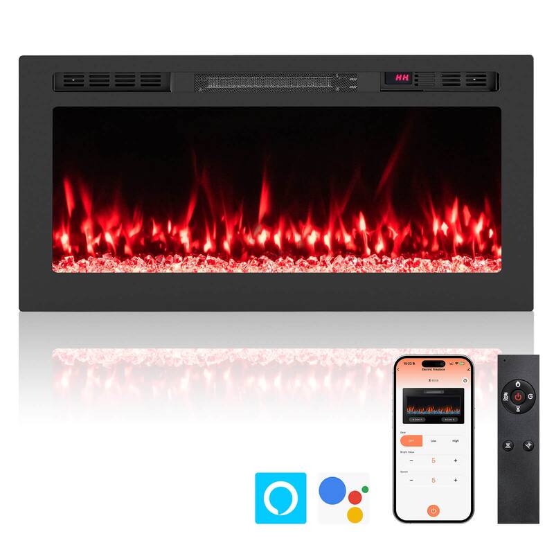 Costway 36" Smart WiFi Electric Fireplace Work with Alexa & Google - See Details - Black - See Details