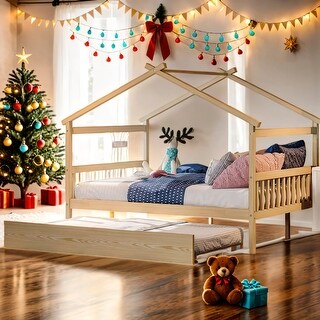Kid Bed Frame Full Size Wooden House Platform Bed with Twin Size Trundle