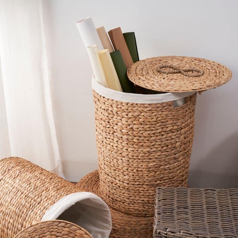 Ludmilla Round Tall Water Hyacinth Woven Wicker Laundry Hamper with Lid 18" x 18" x 23" - Natural Brown - 18" x 18" x 23"