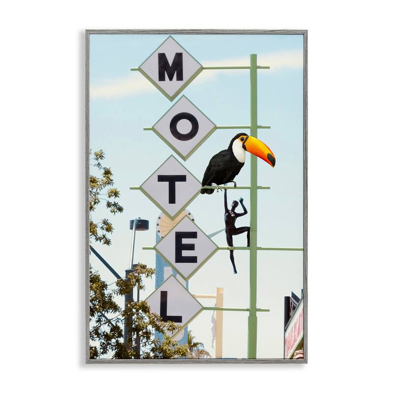 Stupell Toucan on Motel Sign Framed Giclee Art Design By Ashley Singleton - 16 x 24 - Grey